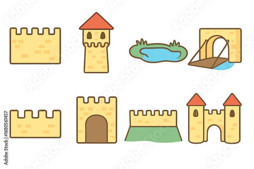 Fortress Icons for Kids. Flat vector mini-illustrations fortification structures in colors children's illustrations: castle wall,