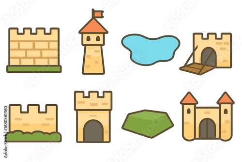 Fortress Icons for Kids. Flat vector mini-illustrations fortification structures in colors children's illustrations: castle wall,