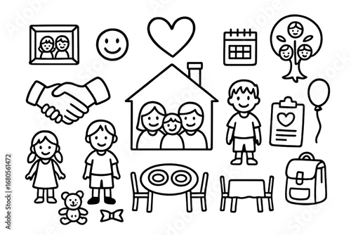 Foster Family Doodles. Hand-drawn doodle illustration foster family home, heart, children, handshake, house, family tree, calendar