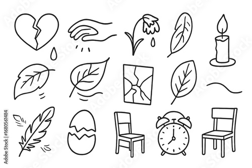 Fragile Emotions Icons. Hand-drawn doodle illustration emotional frailty fragile heart, cracked heart, tear drop, fragile hand,