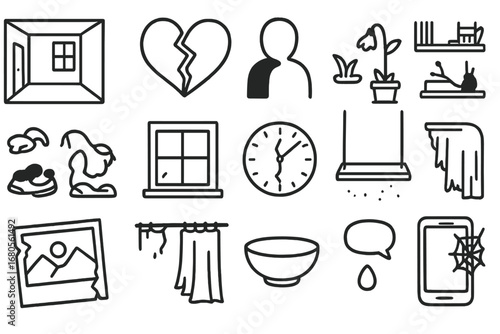 Fractured Relationships Doodles. Hand-drawn doodle illustration fractured relationships split heart, broken chain, two figures