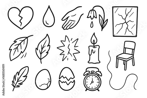 Fragile Emotions Icons. Hand-drawn doodle illustration emotional frailty fragile heart, cracked heart, tear drop, fragile hand,