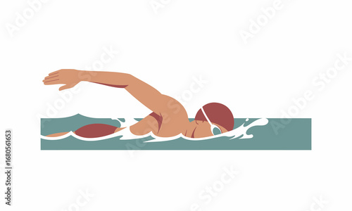 Swimmer in Freestyle Stroke, Arm Extended, Aquatic Illustration.