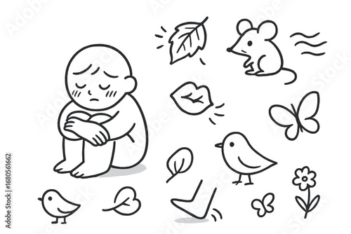 Gentle Retreat Sketch. Hand-drawn doodle illustration gentle retreat folded arms, shy face, blushing cheeks, closed eyes,