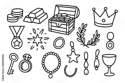 Gold Wealth Doodles. Hand-drawn doodle illustration gold wealth gold coins, bars, treasure chest, crown, medal, laurel wreath, key