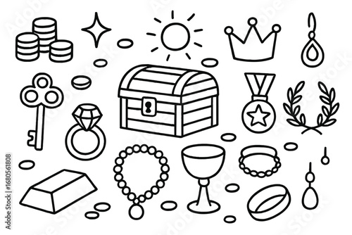 Gold Wealth Doodles. Hand-drawn doodle illustration gold wealth gold coins, bars, treasure chest, crown, medal, laurel wreath, key
