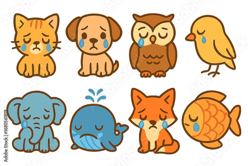 Crying Animal Icons. Flat vector mini-illustrations tears in animals in colors children's illustrations: crying kitten, teary-eyed