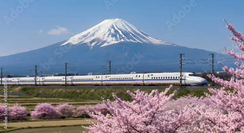 Majestic Mount Fuji stands tall as a high-speed train glides past a vibrant foreground of delicate cherry blossoms, capturing the essence of spring in Japan