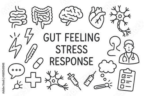 Gut-Brain Connection Doodles. Hand-drawn doodle illustration gut feeling stress response gut, brain, heart, nervous system, pain