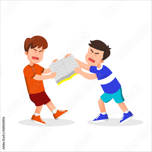 Two boys tug at the same book, pulling it from opposite sides in a playful struggle 