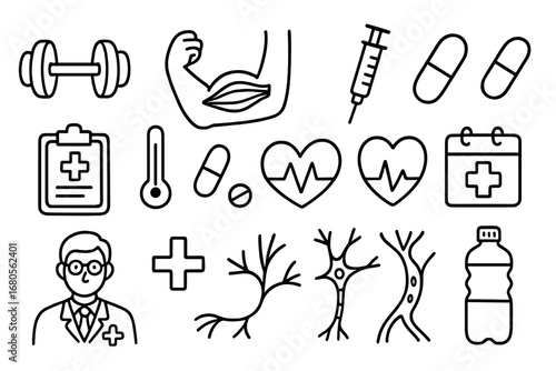 Health and Fitness Icons. Hand-drawn doodle illustration elbow muscle health dumbbell, muscle, elbow joint, syringe, pill,