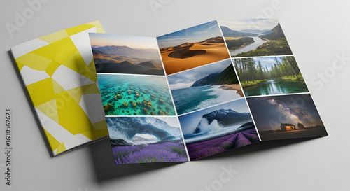 A brochure showcasing various stunning landscapes, including mountains, deserts, oceans, and forests, promoting travel and exploration.