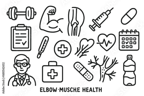 Health and Fitness Icons. Hand-drawn doodle illustration elbow muscle health dumbbell, muscle, elbow joint, syringe, pill,