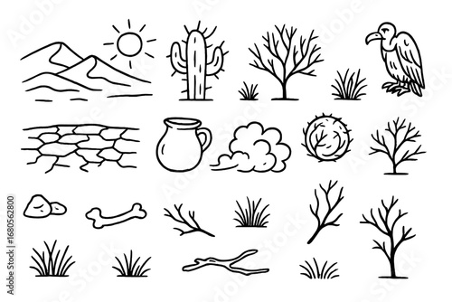 Desert Doodle Icons. Hand-drawn doodle illustration desert barrenness sand dunes, dry cactus, cracked soil, sun, dry shrub, dead