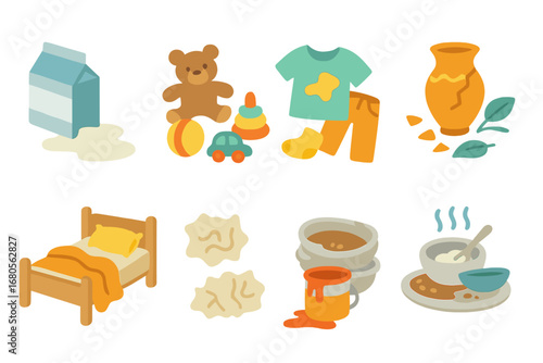 Home Chaos Icons. Flat vector mini-illustrations mess at home in colors children's illustrations: spilled milk, scattered toys,
