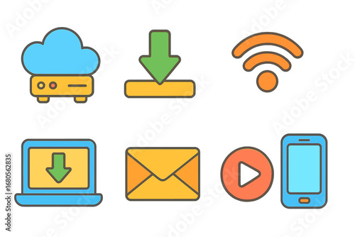 Digital Distribution Icons. Flat vector mini-illustrations digital distribution in colors children's illustrations: cloud server,