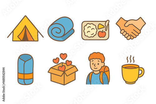 Homeless Support Icons. Flat vector mini-illustrations homeless support in colors children's illustrations: shelter tent, warm