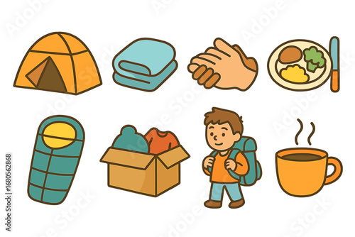 Homeless Support Icons. Flat vector mini-illustrations homeless support in colors children's illustrations: shelter tent, warm
