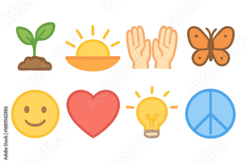 Hope and Healing Icons. Flat vector mini-illustrations emotional pain and recovery in colors children's illustrations: growing