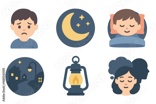 Dreamy Nighttime Icons. Flat vector mini-illustrations sadness and nighttime in colors children's illustrations: moonlight, starry