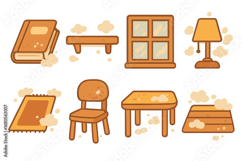 Dusty Objects Grid. Flat vector mini-illustrations dusty objects in colors children's illustrations: dusty book, dusty shelf,