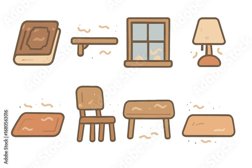 Dusty Objects Grid. Flat vector mini-illustrations dusty objects in colors children's illustrations: dusty book, dusty shelf,
