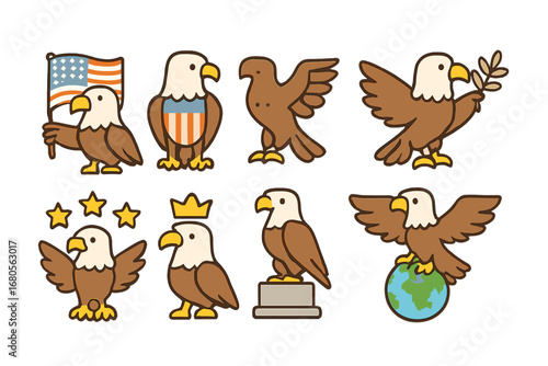 Eagle Emblems Collection. Flat vector mini-illustrations eagle symbolism in colors children's illustrations: eagle with flag,