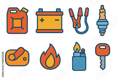 Ignition Objects Grid. Flat vector mini-illustrations ignition related objects in colors children's illustrations: fuel canister,
