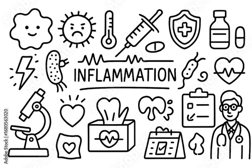 Immune and Pancreas Doodles. Hand-drawn doodle illustration immune system inflammation white blood cell, virus, bacteria,