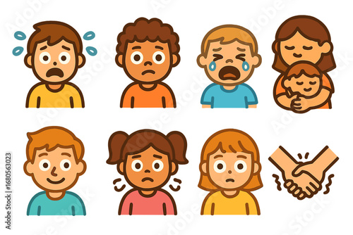 Earthquake Emotional Icons. Flat vector mini-illustrations earthquake emotions in colors children's illustrations: scared face,