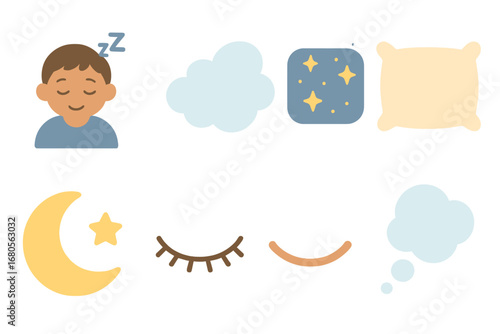 Dreamy Sleep Icons. Flat vector mini-illustrations depression and dreams in colors children's illustrations: sleeping child, dream