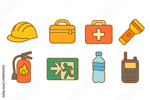 Earthquake Safety Icons. Flat vector mini-illustrations earthquake safety in colors children's illustrations: safety helmet,