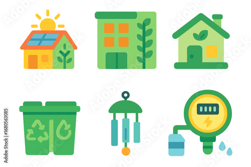 Eco-Friendly Icons Grid. Flat vector mini-illustrations green buildings in colors children's illustrations: solar roof, green wall