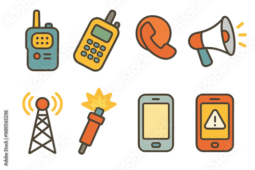 Emergency Icons Grid. Flat vector mini-illustrations emergency communication in colors children's illustrations: walkie-talkie,