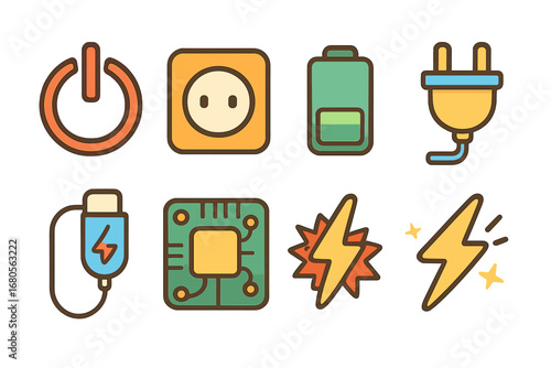 Kids' Electronics Icons. Flat vector mini-illustrations electronic recharge in colors children's illustrations: power button,