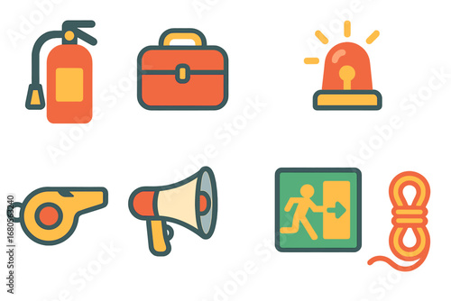 Kids' Emergency Tools. Flat vector mini-illustrations sudden emergency tools in colors children's illustrations: fire extinguisher