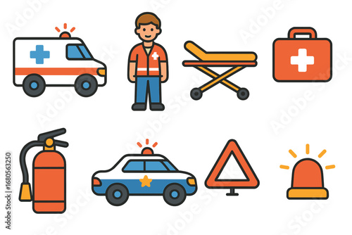 Emergency Vehicles Grid. Flat vector mini-illustrations car crash emergency in colors children's illustrations: ambulance,