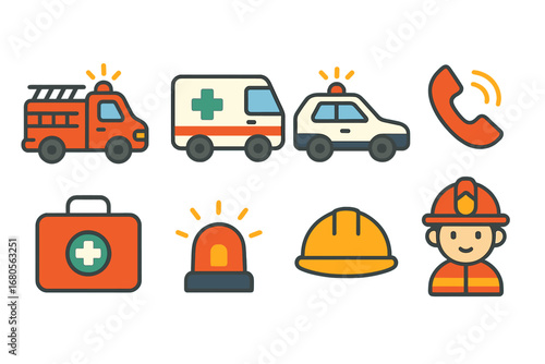 Emergency Icons Grid. Flat vector mini-illustrations emergency response in colors children's illustrations: fire truck, ambulance,