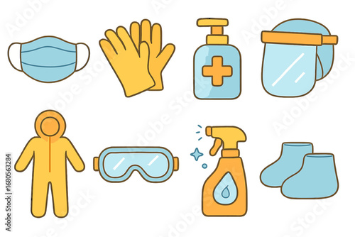 Kids' Safety Gear Icons. Flat vector mini-illustrations isolation protective gear in colors children's illustrations: face mask,