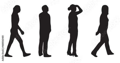 Vector Silhouettes of People, Standing and Walking Figures, Isolated on White Background
