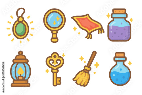 Enchanted Objects Grid. Flat vector mini-illustrations enchanted objects in colors children's illustrations: glowing amulet, magic