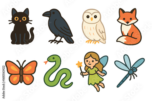 Enchanting Animal Companions. Flat vector mini-illustrations enchantress familiars in colors children's illustrations: black cat,
