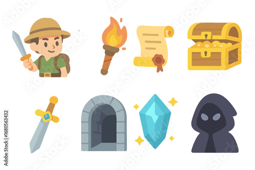 Labyrinth Adventure Icons. Flat vector mini-illustrations labyrinth adventures in colors children's illustrations: brave explorer,