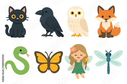 Enchanting Animal Companions. Flat vector mini-illustrations enchantress familiars in colors children's illustrations: black cat,