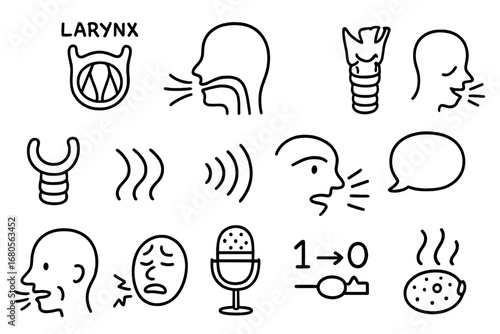 Larynx Anatomy Doodles. Hand-drawn doodle illustration larynx and voice box larynx, vocal cords, throat profile, cartilage ring,