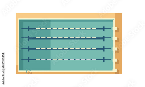 Top-down view of a four-lane swimming pool with lane markers and starting blocks.