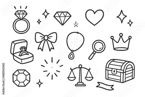 Engagement Ring Doodle. Hand-drawn doodle illustration engagement diamond ring, diamond, heart, sparkle stars, jewelry box, velvet
