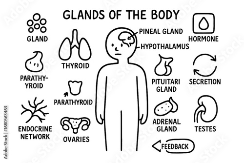 Endocrine Gland Doodles. Hand-drawn doodle illustration glands of the body thyroid, pituitary gland, adrenal gland, pancreas,