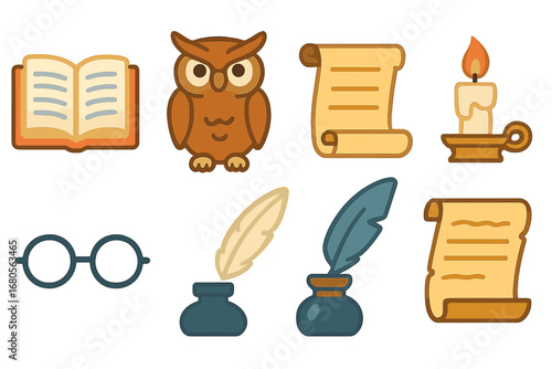 Learning Icons Grid. Flat vector mini-illustrations reverence in learning in colors children's illustrations: open book, wise owl,
