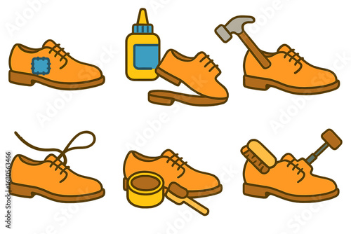 Left Shoe Repair Icons. Flat vector mini-illustrations left shoe repair in colors children's illustrations: left shoe patch, left